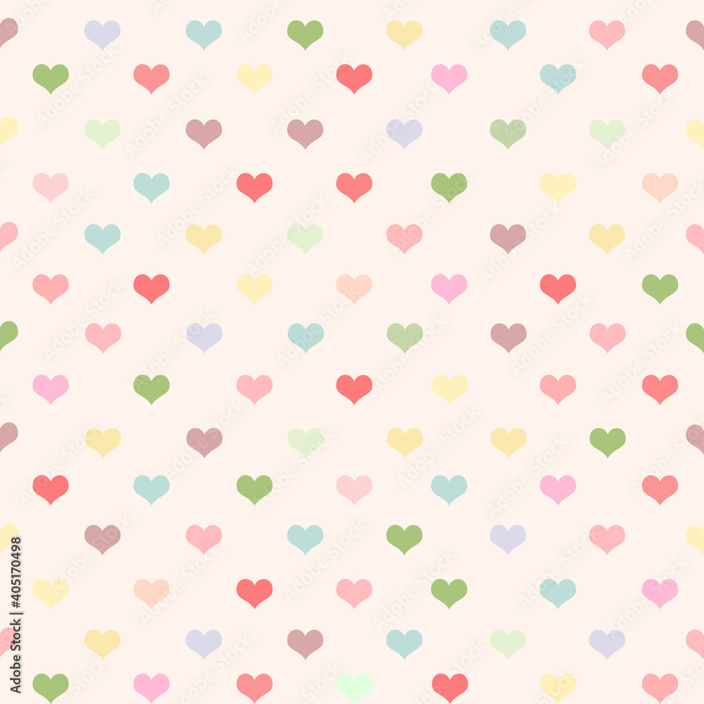 Beautiful background with colorful hearts on a light background. Repeating pattern for packaging, paper, gift, screensaver or background.