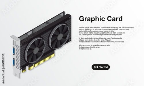 3d isometric video graphic card. Video Graphics Card for cryptocurrency mining or gaming. Personal computer hardware components. GPU Graphic card illustration