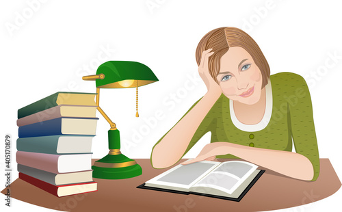 Girl student library desk books