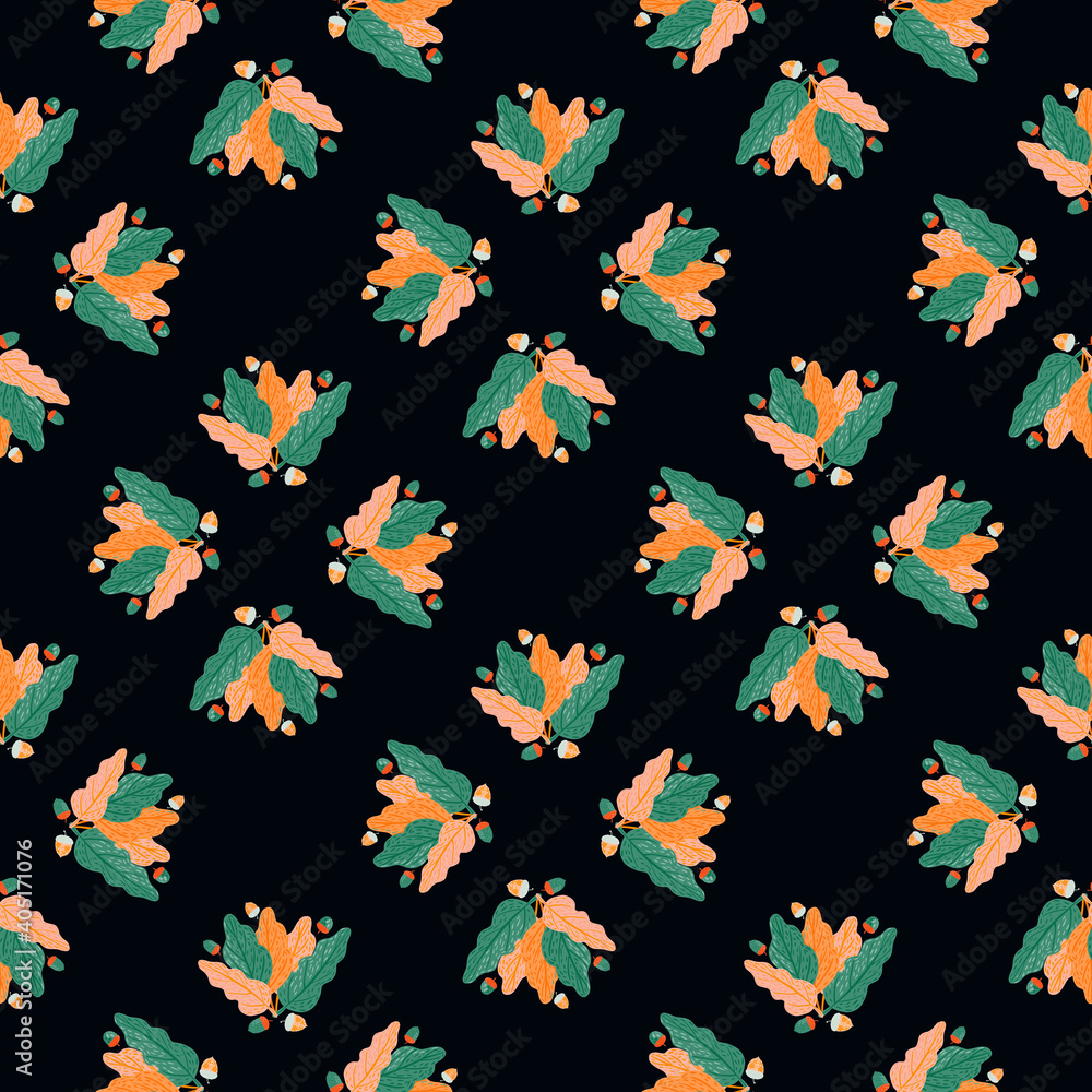 Contrast abstract seamless pattern with turquoise and orange leaf shapes. Black background.