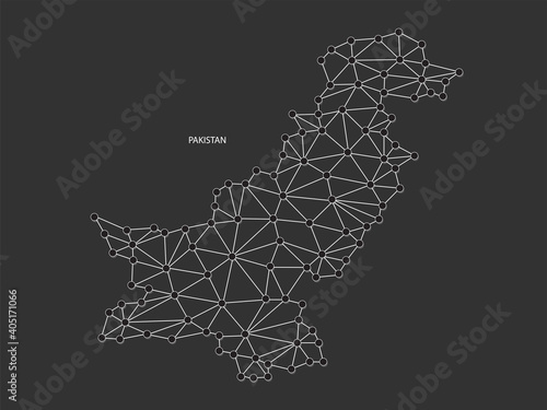 Pakistan Map Point scales on black background. Wire frame polygonal network white line, dot and shadow dot.