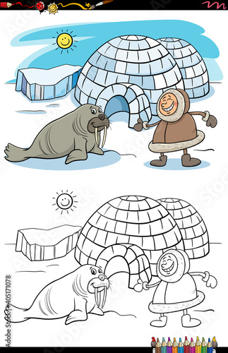 cartoon Eskimo with igloo and walrus coloring book page