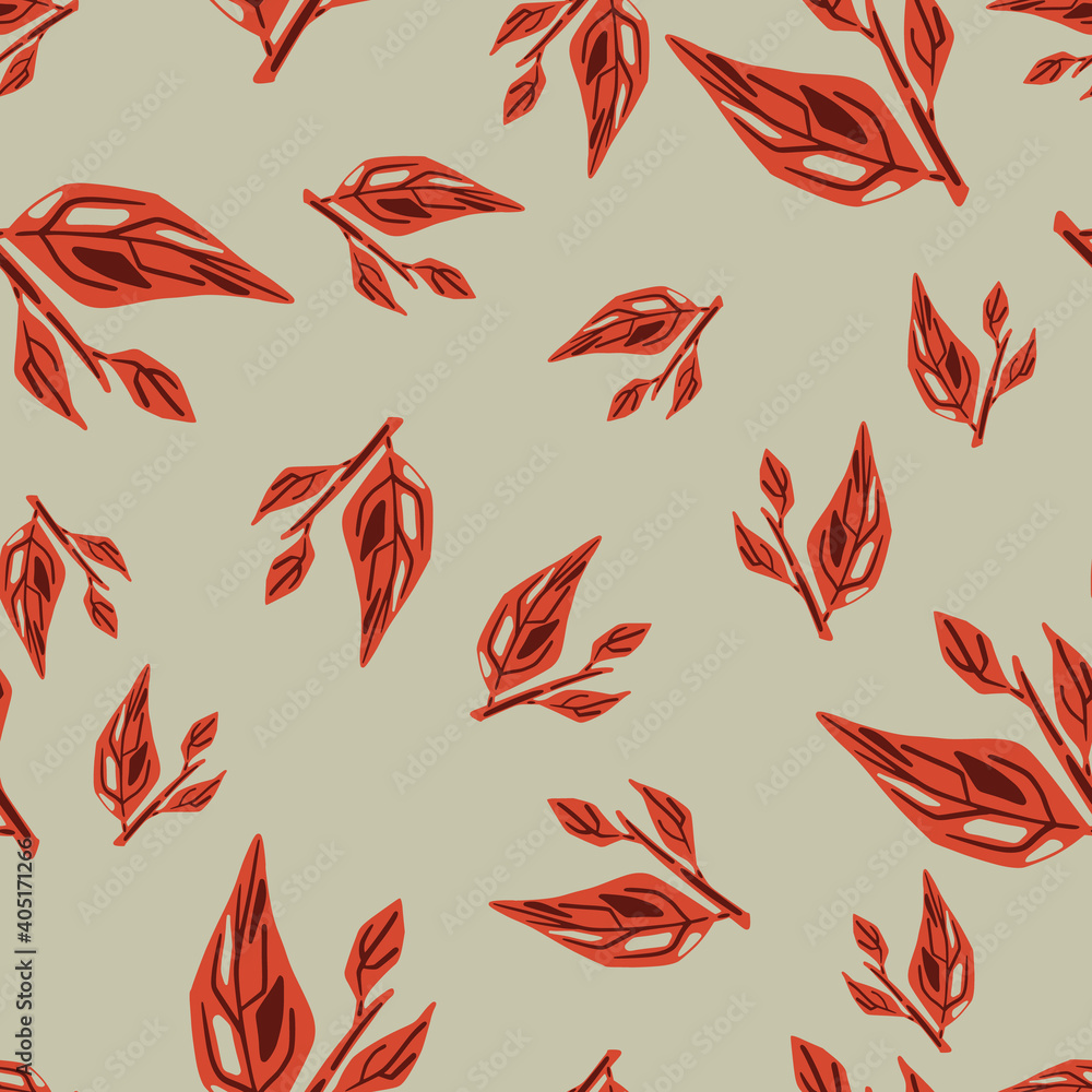 Random red autumn leaf branches seamless pattern. Grey background. Nature botanic artwork. Random red autumn leaf branches seamless pattern. Grey background. Nature botanic artwork.
