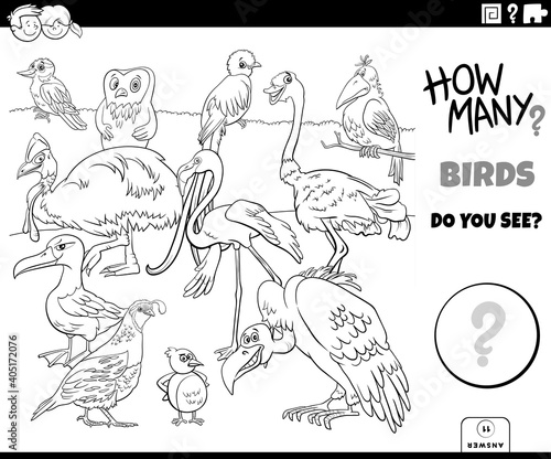 counting birds educational task for kids coloring book page