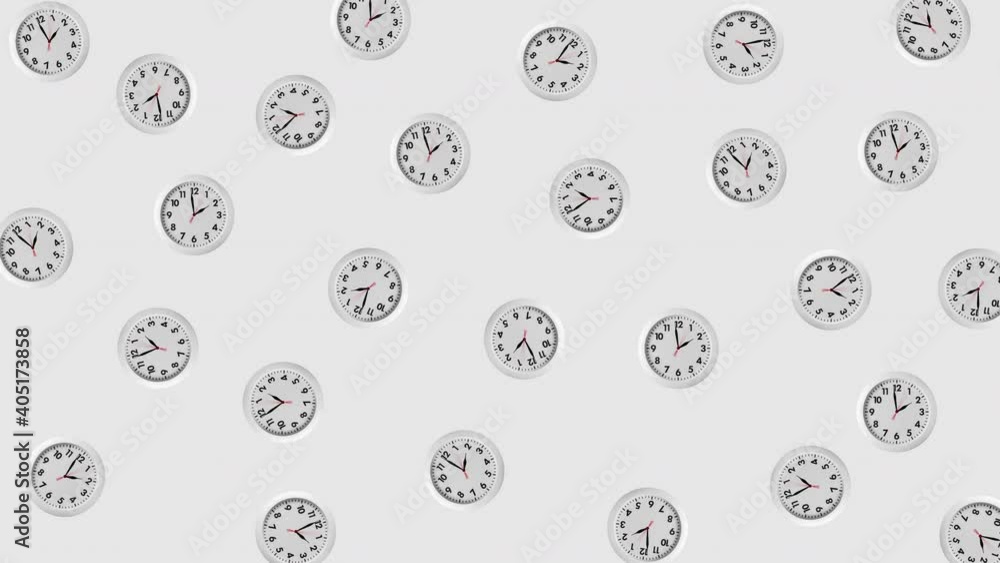 seamless looping animation with many white wall clocks that wiggle. arrows spin clockwise. gray background with copy space seamless looping animation with many white wall clocks that wiggle. arrows spin clockwise. gray background with copy space