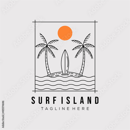 surfing island line art logo vector illustration design. minimalist paradise island outline symbol