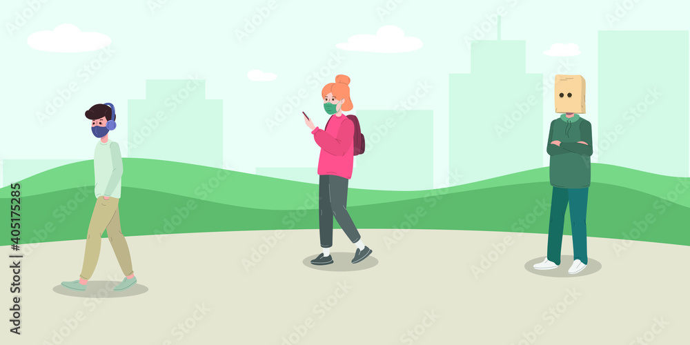 People in different face masks walking on the city street. Man in face mask and headphones, woman in medical mask and phone in hand, man  with grocery bag on his head. Vector flat illustration.