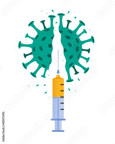 Vector illustration of coronavirus destroyed by injection of medical syringe. Explosion of defeated broken virus isolated on white background. Concept of vaccination covid-19. Victory over pandemic