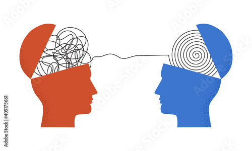 Vector illustration of two human heads silhouette with thread between them isolated on white. Concept of psychotherapy, coaching, consulting, mental disorder, depression treatment, psychological help