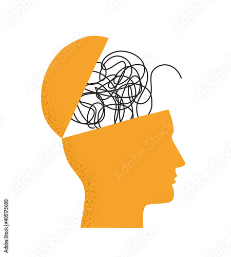 Vector illustration with human head silhouette with brain as tangled messy single line. Trendy concept of mental disorder, finding solution, chaotic thinking process, confused mind. Isolated on white