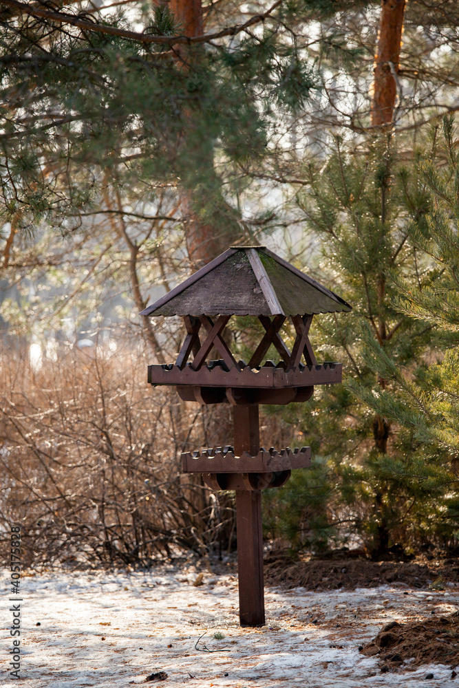 Bird feeders of handmade on tree trunk in park. Homemade grain feeder for wintering birds Bird feeders of handmade on tree trunk in park. Homemade grain feeder for wintering birds