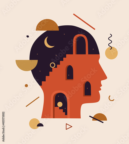 Vector illustration of abstract human head with stairs, doors, geometric shapes inside. Concept of thinking process, solving problems, searching solution, inner world of mind, brain, psychotherapy