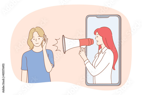 Promotion, campaign, announcement concept. Young smiling woman cartoon character listening to advertisement news made by woman with megaphone from smartphone screen online vector illustration 
