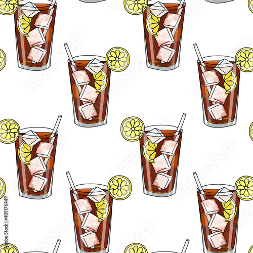 Seamless pattern glass of Long Island Ice Tea, lemon slice, ice cubes and cocktail tube . Hand drawing alcohol cocktail. Vector illustration in cartoon style.