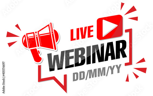 Live webinar announcement. Megaphone over the frame of the monitor screen, date of the event. Illustration, vector on transparent background