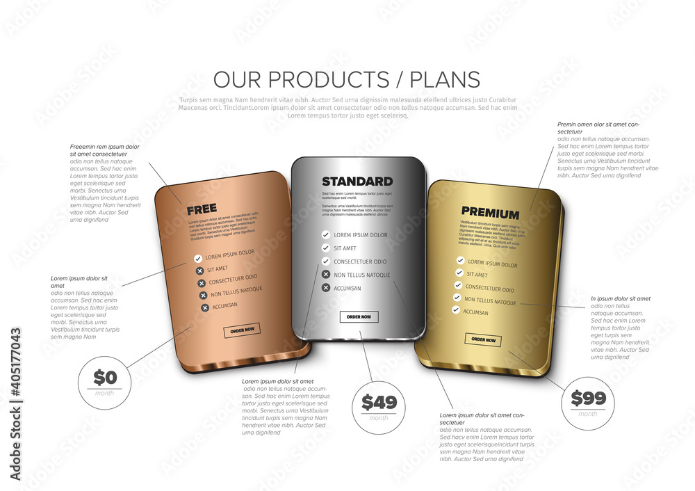 Product cards features schema template - gold, silver, bronze membership - obrazy, fototapety, plakaty 