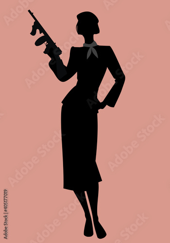 Elegant silhouette of a lady in the retro style of the 1920s or 1930s, wearing a beret and armed with a submachine gun