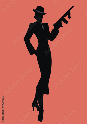 Elegant silhouette of a lady in the retro style, wearing a hat and armed with a submachine gun