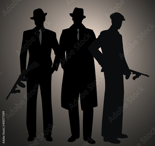 Three retro style men silhouettes, wearing hat and cap. Gangsters with submachine gun. Mafia. 1920s and 1930s style.