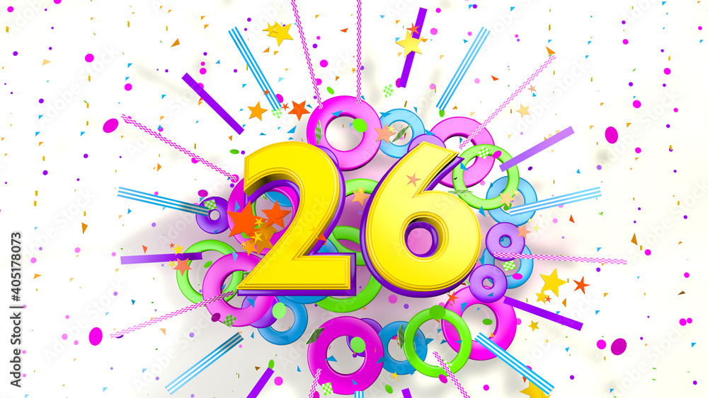 Number 26 for promotion birthday or anniversary over an explosion of