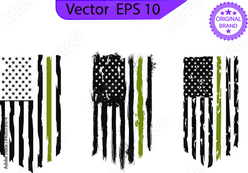 American Flag, USA Distressed and splash element Military Flag,  US Patriotic Army Thin Green Line Flag. Transparent background. High resolution. Only commercial use