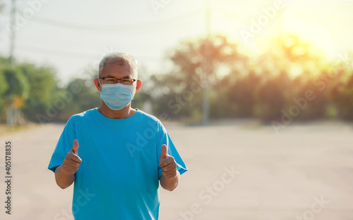 Portrait senior Asian man in face mask protect coronavirus covid 19