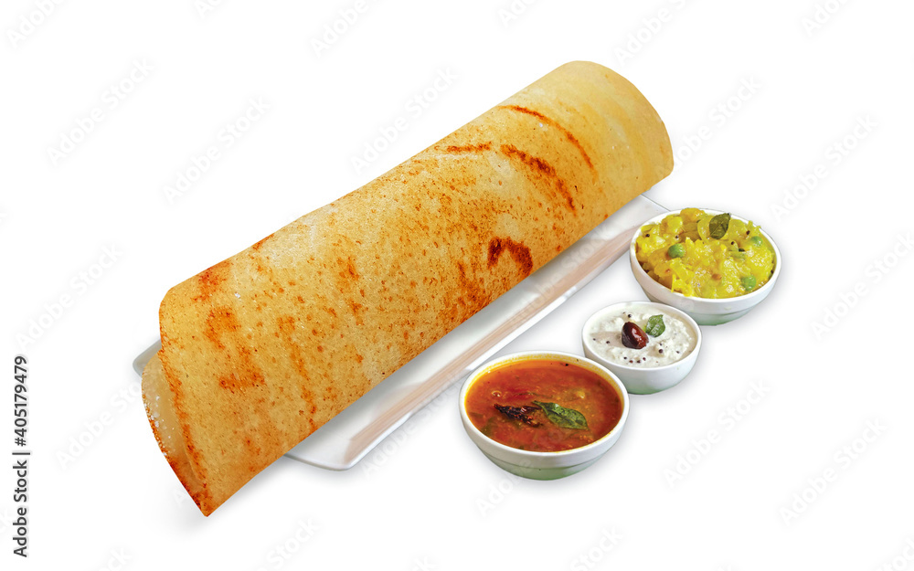South Indian Masala Dhosa or dosa served with sambhar, coconut chutney