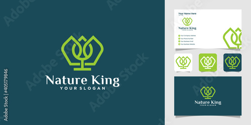 Natural crown and leaf logo design template and business card