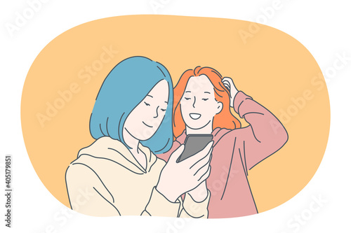 Smartphone, online communication, chatting concept. Young teen girls cartoon characters making photo on smartphone, chatting, searching information in internet, calling and communicating online