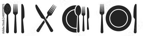 Fork, knife, spoon and plate set icons. Tableware set flat style. Dinnerservice collection. Plate, fork and knife for apps and websites. Dinner service - stock vector.