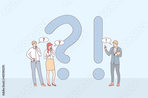 Questions and answers concept. Young business people cartoon characters standing near exclamations and question marks, asking questions and receiving answers online vector illustration 