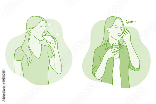Heathy eating and drinking concept. Young positive woman cartoon character drinking pure water and eating balanced meal living healthy lifestyle and enjoying time vector illustration 