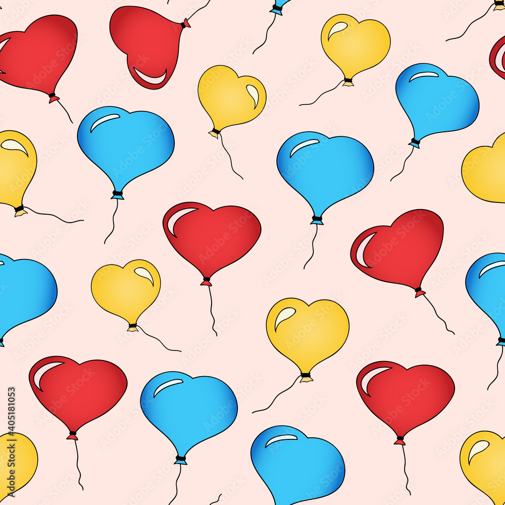 Seamless pattern of red, blue, yellow balloons in the shape of a heart. Balloon heart on a light red background. Valentines Day wallpaper. Hand drawing. Wedding background. Happy birthday card.