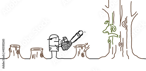Cartoon Sad Tree Trunk and Lumberjack Cutting a Forest