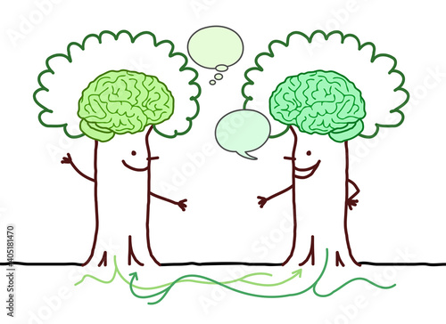 Cartoon smiling and Communicating Tree-Men with big Green brains