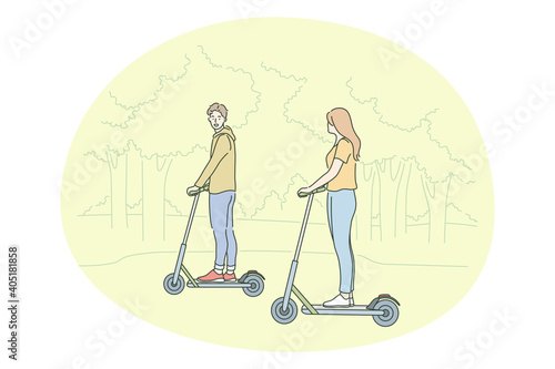 Healthy active lifestyle, sport, leisure hobby concept. Young happy couple enjoying riding scooters together in park on summer illustration. Family activity, entertainment, fitness, fun 