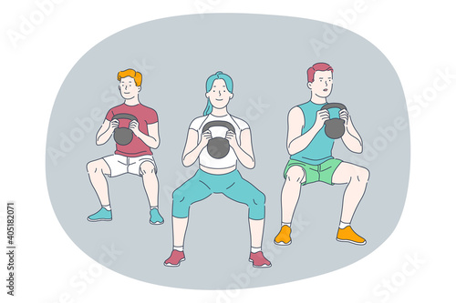 Professional sport, workout, training concept. Group of young people athletes lifting weight and doing exercises during workout in gym in group. Active lifestyle, fitness, bodycare, wellness