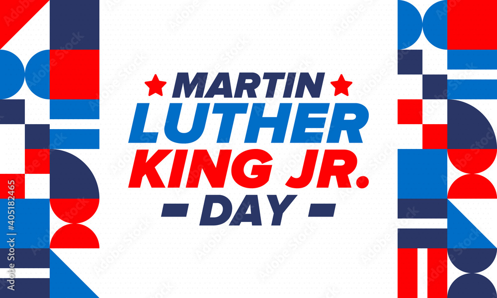 Martin Luther King, Jr. Day. Celebrated annual in United States in January, federal holiday. African American Rights Fighter. Patriotic american elements. Poster, card, banner, background. Vector