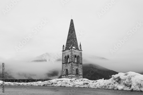 Black and white view of the church of San Peyre di Stroppo, built between the 12th and 13th centuries. Maira Valley, Cuneo, Cottian Alps photo