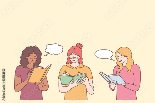 Reading books and interesting leisure recreation concept. Three young women in casual clothing cartoon characters standing reading books and smiling vector illustration 