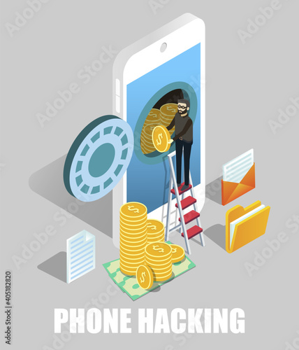 Phone hacking scams. Isometric hacker, cyber thief stealing money from smartphone, vector illustration. Cyber crime, hacking attack, mobile phishing protection.