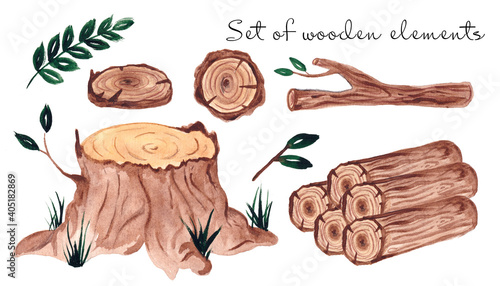  set of wooden elements - stump, firewood, branches, logs and round saw cuts. Watercolor wooden stump isolated on white background for postcard, logo, invitations, greeting cards, business card