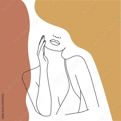 Minimalist illustration of woman. White background and pastel colors. Line drawing. 