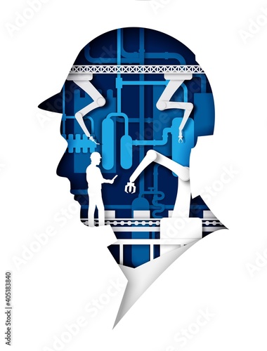 Automatic production conveyor belt with industrial robotic arms, worker inside of human head in helmet silhouette. Vector illustration in paper art style. Robotic industry, plant automation technology