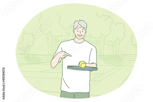 Sport, Healthy active lifestyle, leisure hobby concept. Senior smiling Man cartoon character enjoying playing tennis in park on summer illustration. Recreation, activity, entertainment, fitness, fun 