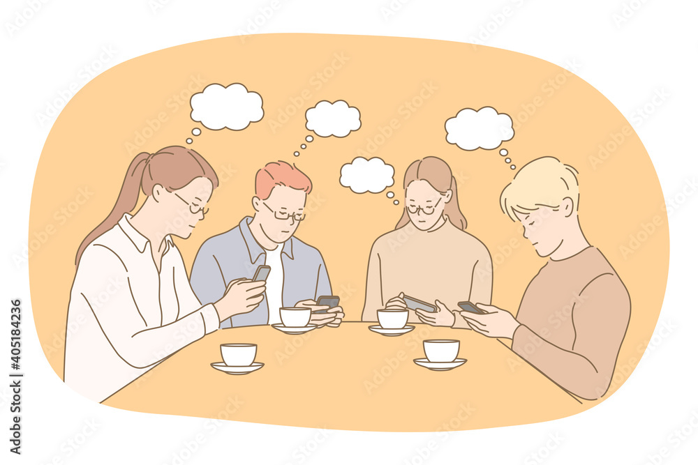 Online communication, chatting, smartphone concept. Group of young teen people friends sitting with smartphones at home during tea drinking, chatting, searching information in internet Online communication, chatting, smartphone concept. Group of young teen people friends sitting with smartphones at home during tea drinking, chatting, searching information in internet