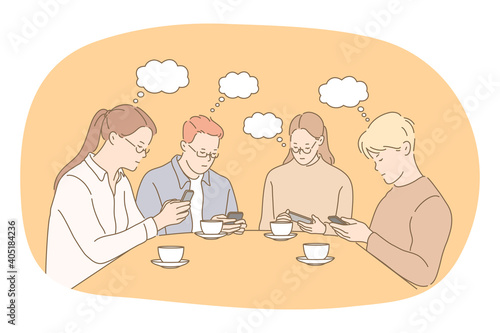 Online communication, chatting, smartphone concept. Group of young teen people friends sitting with smartphones at home during tea drinking, chatting, searching information in internet
