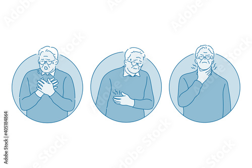 Coughing, fever, getting flu concept. Senior elderly man cartoon character coughing touching breast and feeling ill during coronavirus infection pandemic times vector illustration 