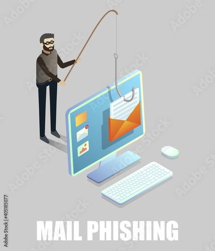 Email phishing. Isometric hacker, cyber thief stealing email message from computer using fishing rod and hook, vector illustration. Phishing scam, attack.