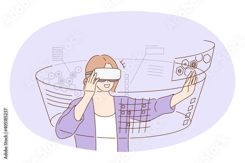 Virtual reality, futuristic innovative technologies concept. Young smiling woman cartoon character in 3d glasses mask standing and touching parallel reality with fingers simulating real feelings 